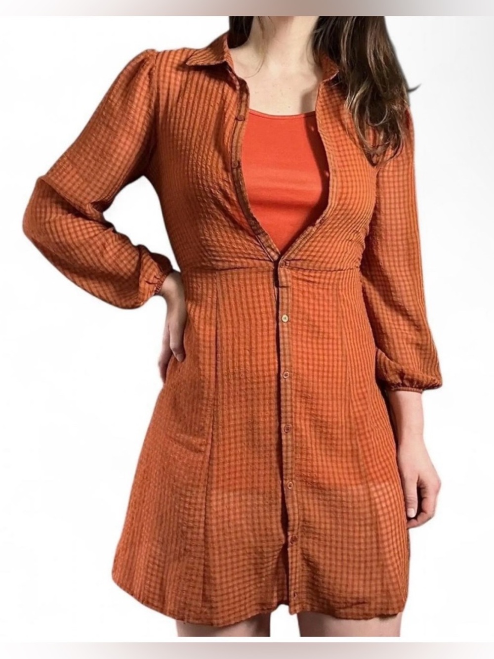 Caslon Sheer Rust Orange Button Front Dress Small Boho Lightweight Mini